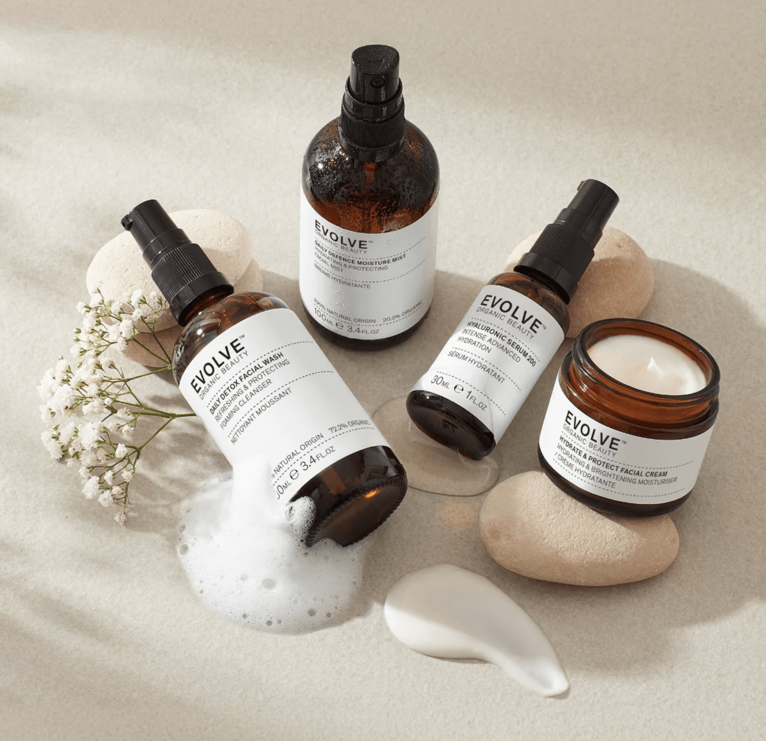 Evolve Beauty organic skincare collection — facial wash, moisture mist, hyaluronic serum and facial cream